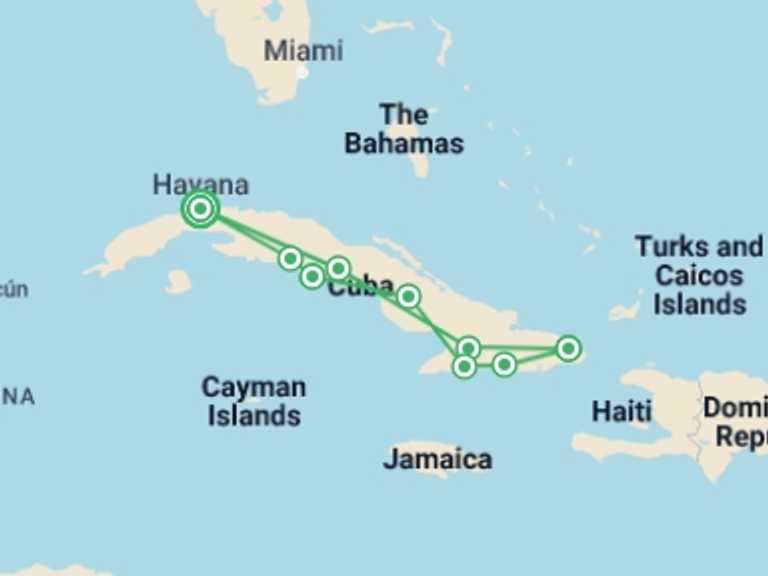 Map of Havana Cultural, religious and historic sites Tour with 9 destination visits for the trip: Treasures of Cuba