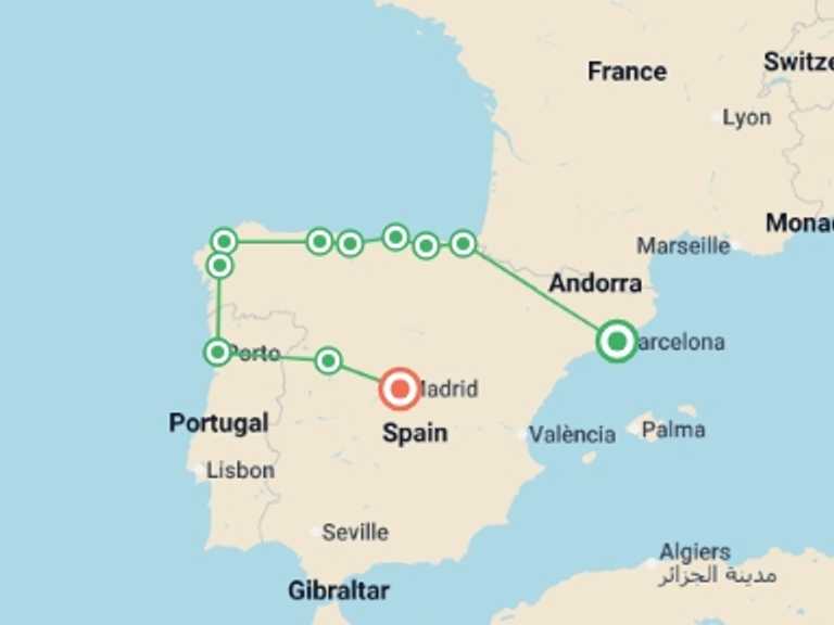 Map itinerary of Europe Tour in Spring with 9 destination visits for the trip: 8 Day North Of Spain Guided Tour From Barcelona (c-782)