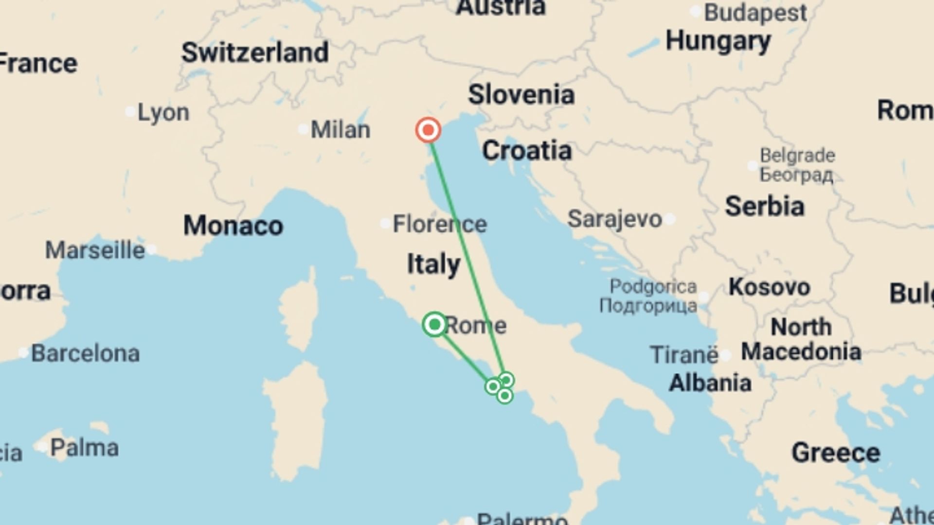 A map showing the tour itinerary for the trip: Italy Island Hopping: Capri & Ischia, starting in Rome, Italy and ending in Italy going through 1 other destinations.