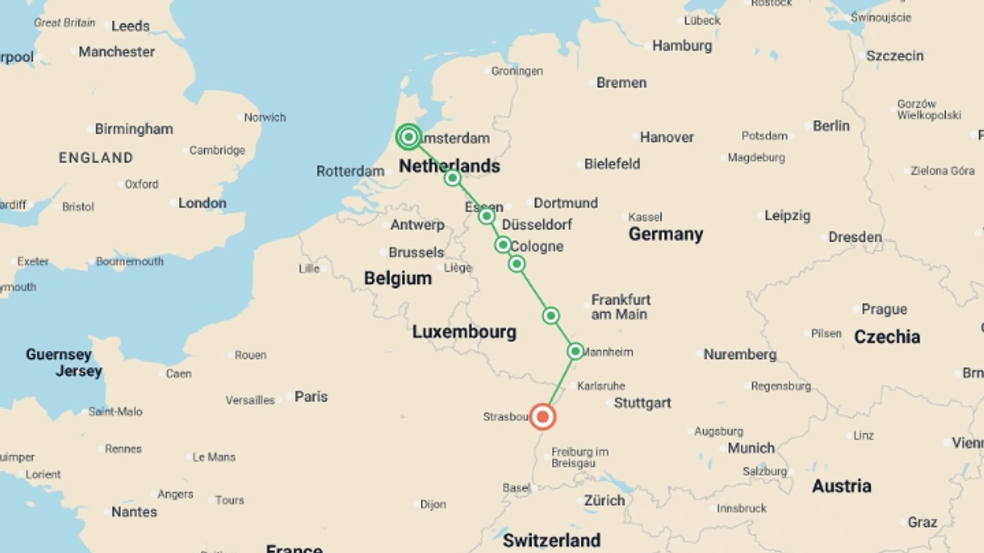 A map showing the tour itinerary for the trip: Holland and the romantic Rhine valley (port-to-port cruise), starting in Amsterdam, Holland and ending in Strasbourg, France going through 4 other destinations.