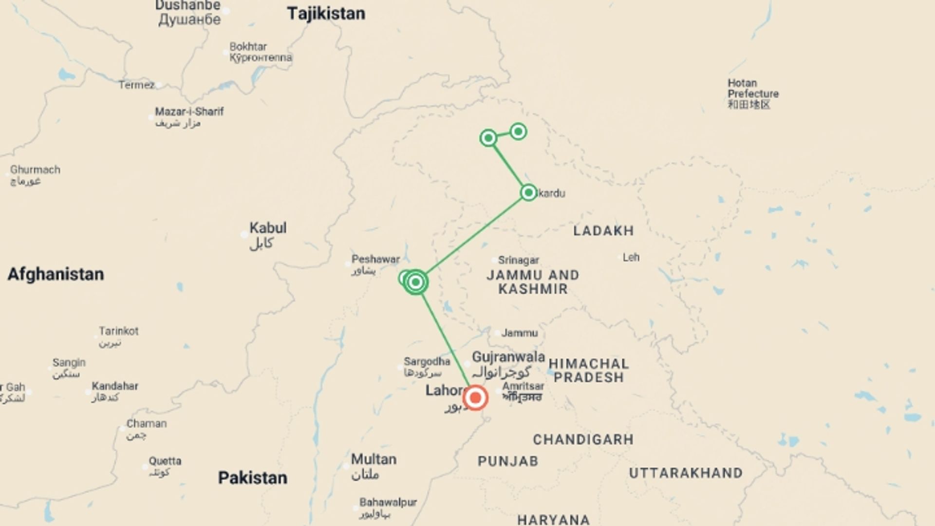 A map showing the tour itinerary for the trip: Pakistan Expedition, starting in Islamabad, Pakistan and ending in Lahore, Pakistan going through 4 other destinations.