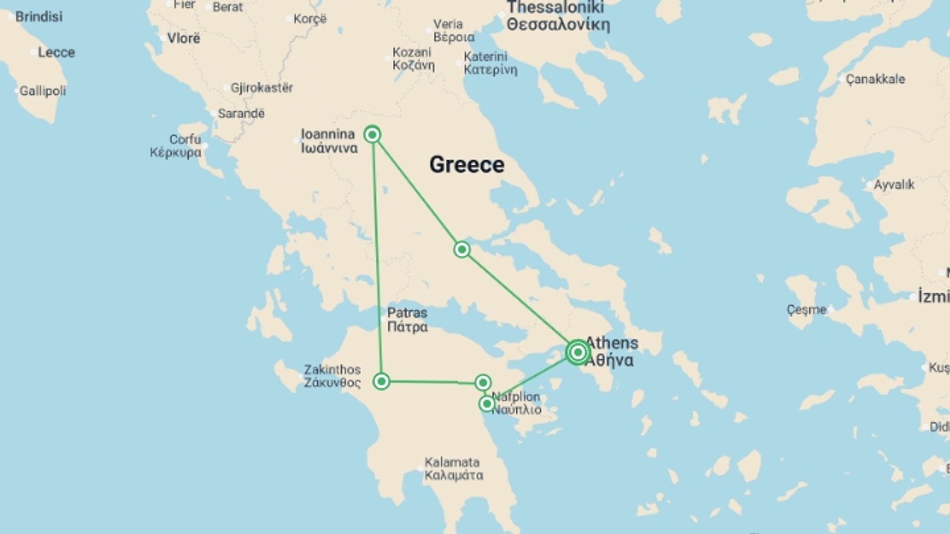 A map showing the tour itinerary for the trip: Glories of Greece, starting in Athens, Greece and ending in Athens, Greece going through 1 other destinations.