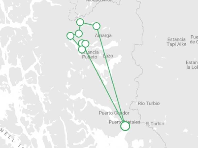 Map itinerary of Puerto Natales Tour in January 2026 with 9 destination visits for the trip: Torres del Paine O Trek 8D/7N (Self-Guided)