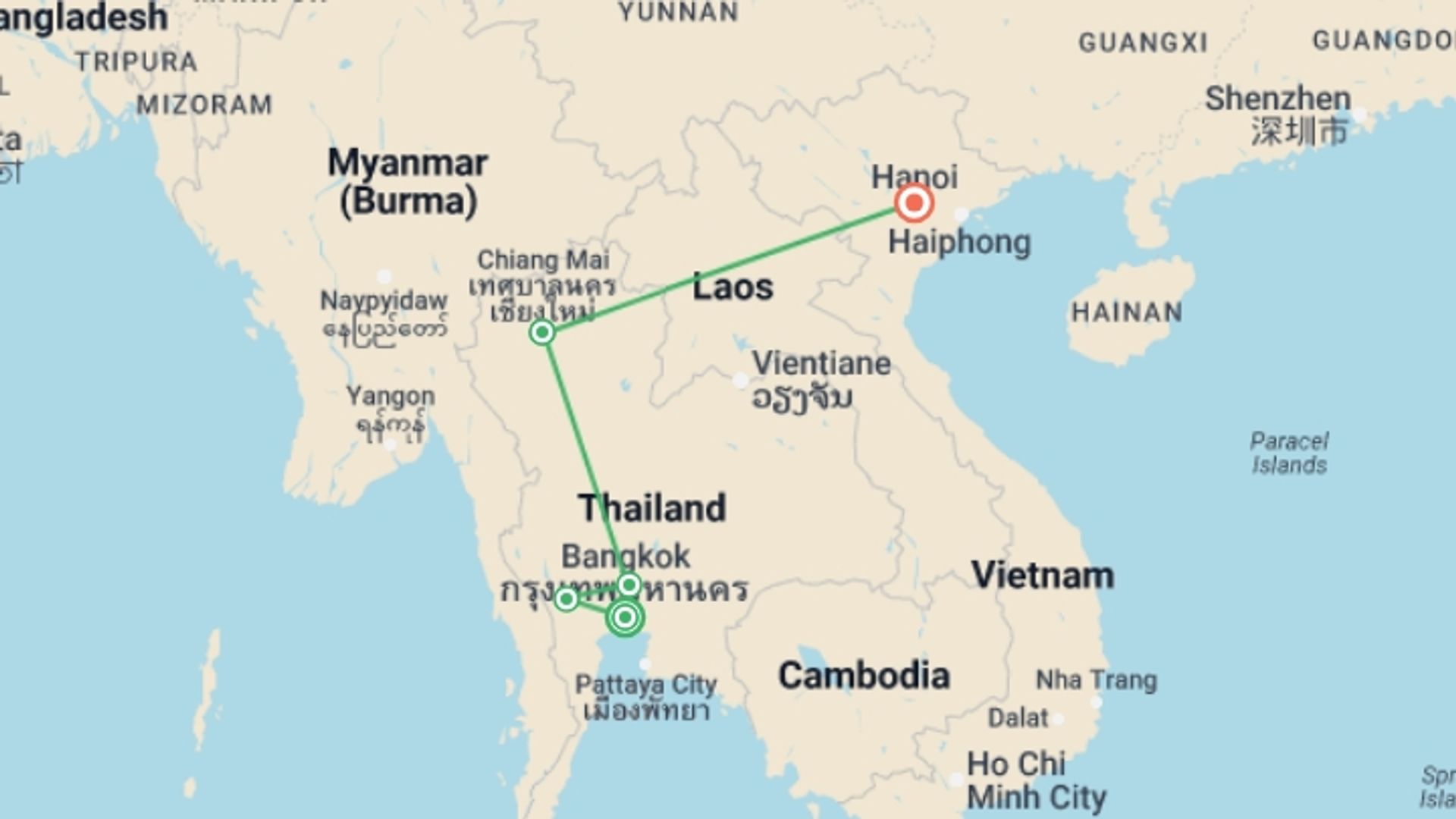 A map showing the tour itinerary for the trip: Bangkok to Hanoi: Chiang Mai, Night Markets & Streetside Bars, starting in Bangkok, Thailand and ending in Hanoi, Vietnam going through 3 other destinations.