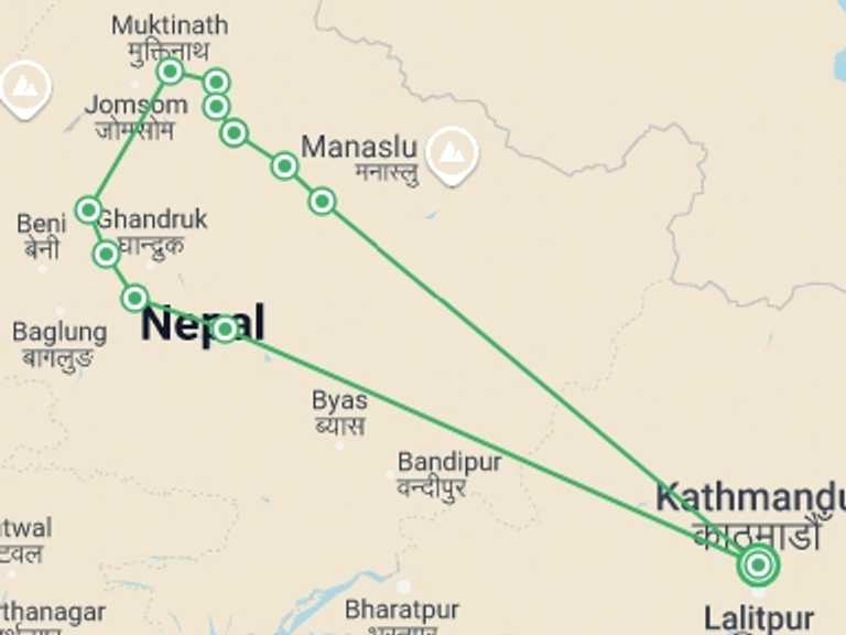 Map itinerary of Nepal Tour in Winter with 11 destination visits for the trip: Annapurna Circuit Trek