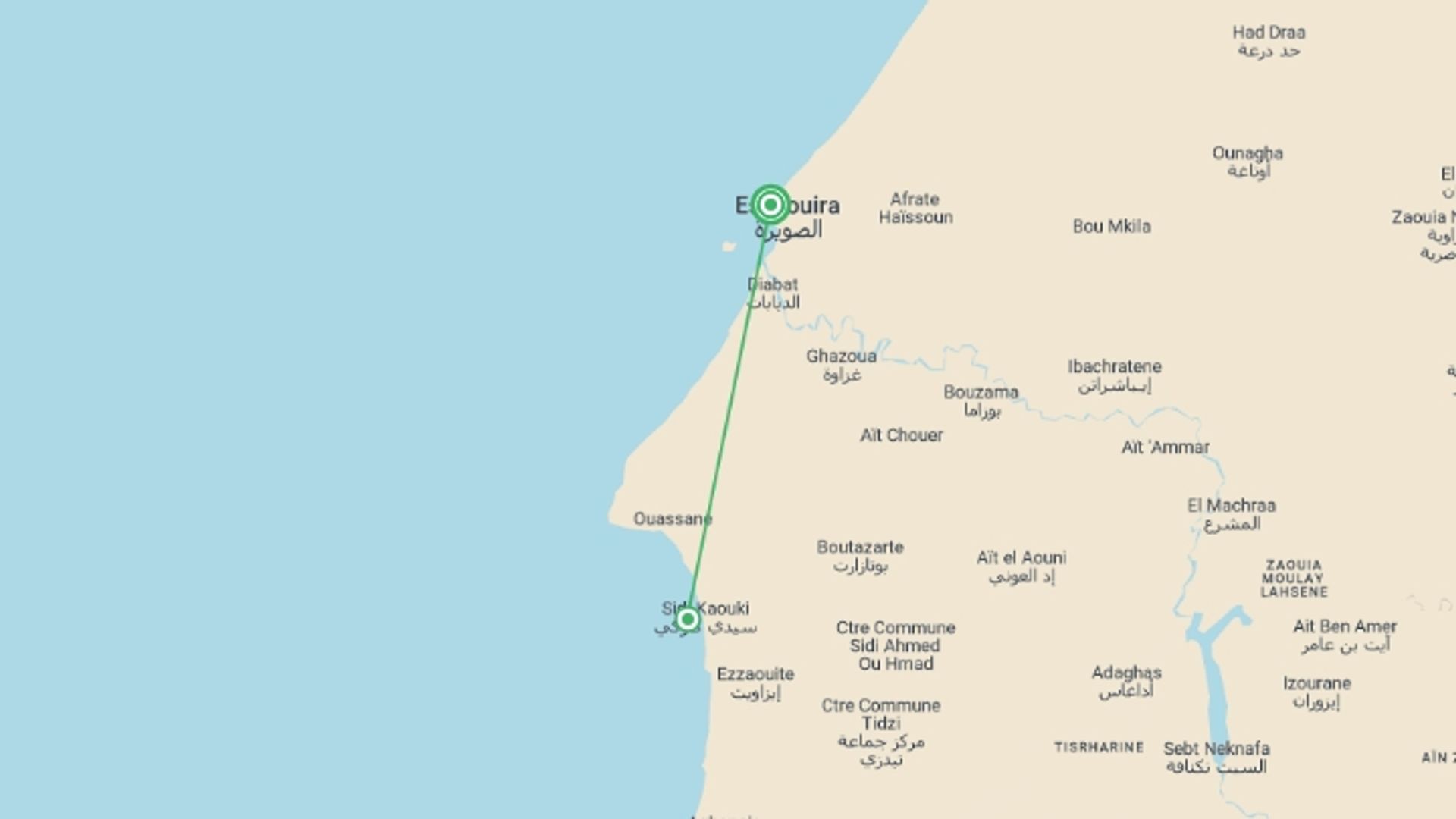 A map showing the tour itinerary for the trip: Essaouira & Sidi Kaouki - 4 days, starting in Essaouira, Morocco and ending in Essaouira, Morocco going through 0 other destinations.