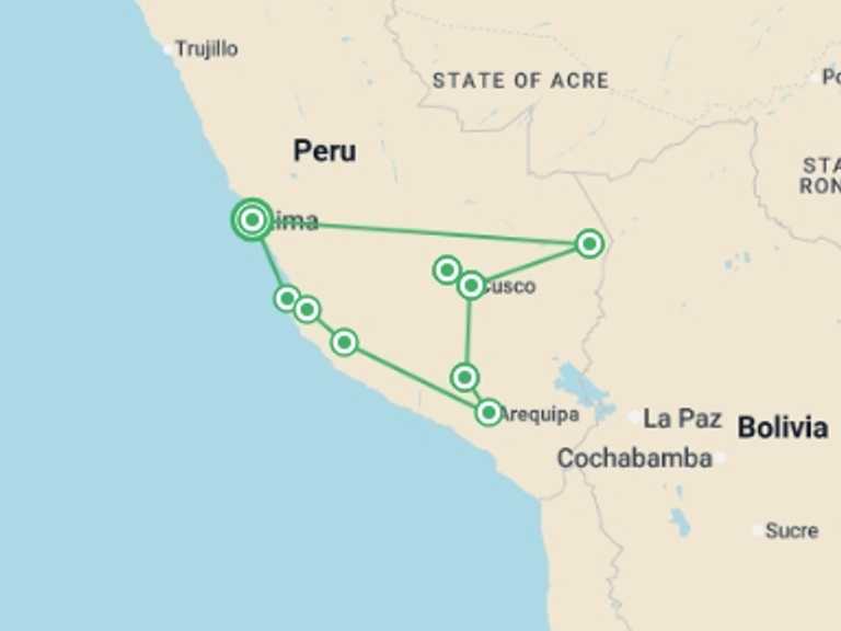 Map itinerary of Lima Tour in September 2025 with 9 destination visits for the trip: Walking With The Incas