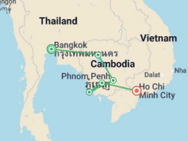 Map itinerary of Bangkok Tour in Summer with 6 destination visits for the trip: Cambodia: Ancient Ruins & Boat Rides