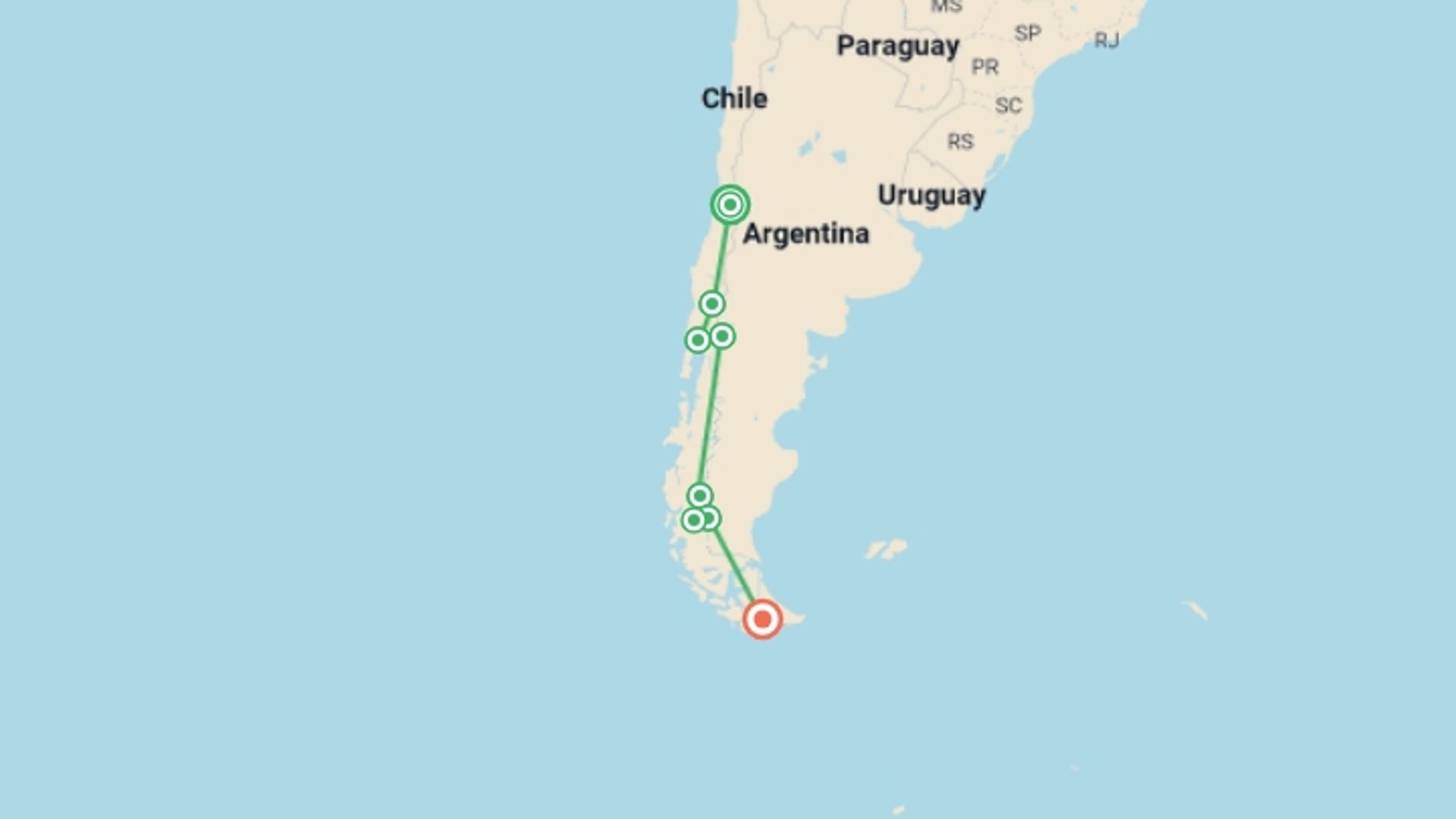 A map showing the tour itinerary for the trip: Santiago to Ushuaia (Ruta 40) Travel Pass, starting in Santiago, Chile and ending in Ushuaia, Argentina going through 6 other destinations.