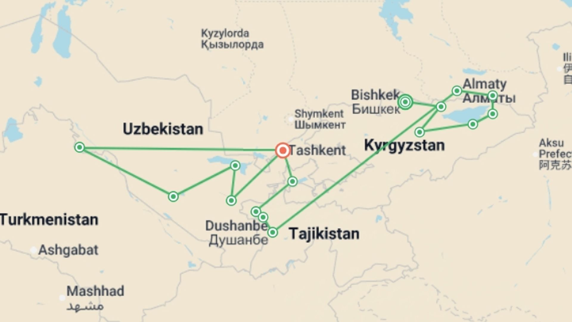 A map showing the tour itinerary for the trip: Multi-Stan Adventure - Bishkek to Tashkent, starting in Bishkek, Kyrgyzstan and ending in Tashkent, Uzbekistan going through 13 other destinations.