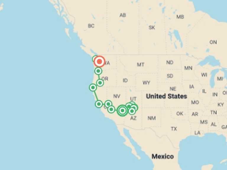 Map itinerary of Las Vegas Tour in May 2027 with 13 destination visits for the trip: Western USA Encompassed