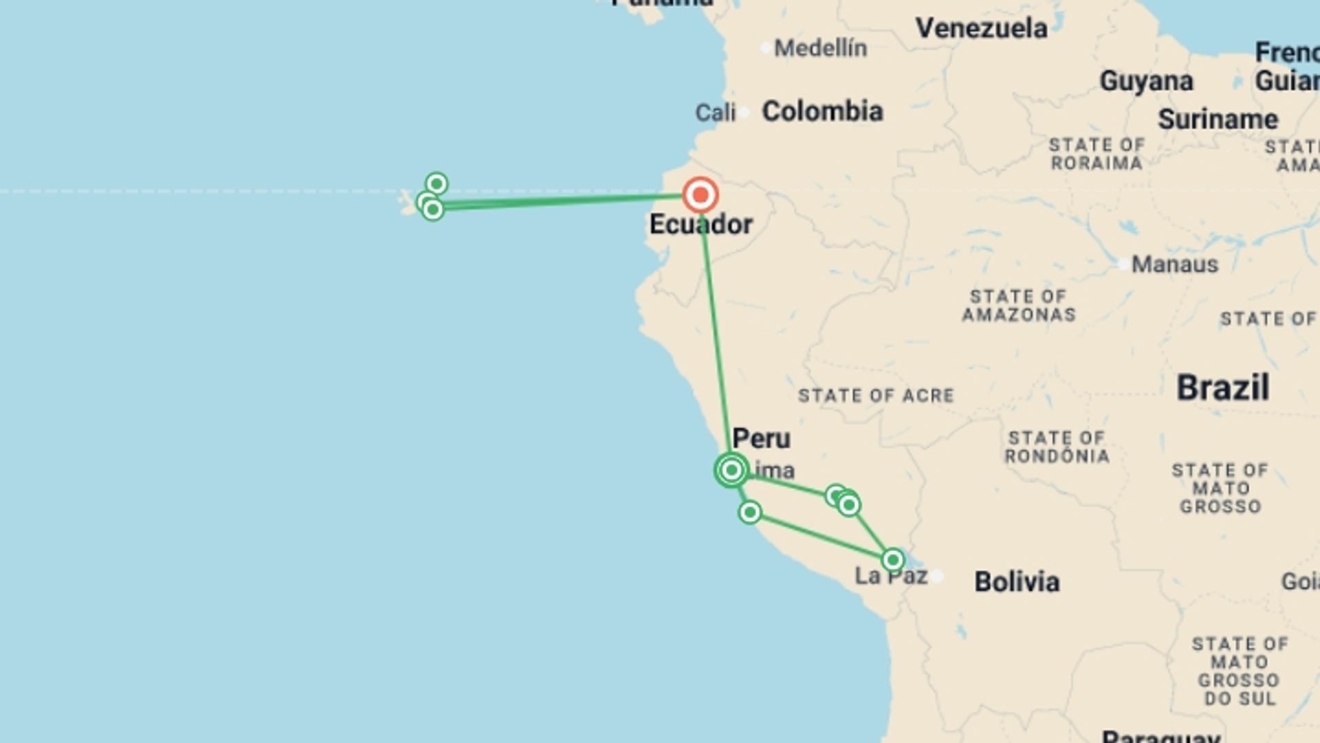 A map showing the tour itinerary for the trip: Land of the Incas, starting in Lima, Peru and ending in Quito, Ecuador going through 6 other destinations.