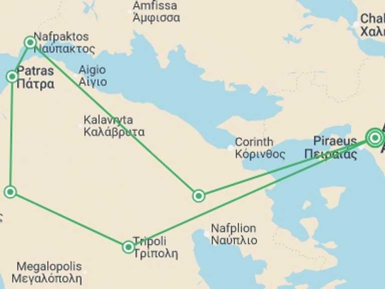 Map of Europe Tour with 2 destination visits for the trip: Radiant Peloponnese