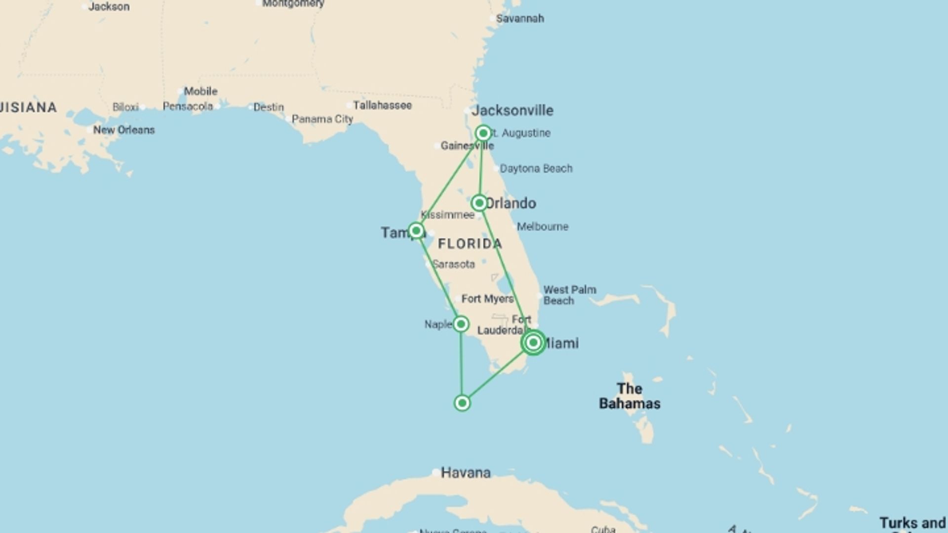 A map showing the tour itinerary for the trip: Miami, Orlando & Key West - 8 days, starting in Miami, USA and ending in Miami, USA going through 5 other destinations.