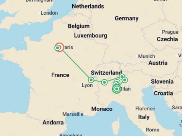 Map itinerary of Europe Tour in Fall with 5 destination visits for the trip: Enchanting Milan Swiss Alps and Paris By Rail