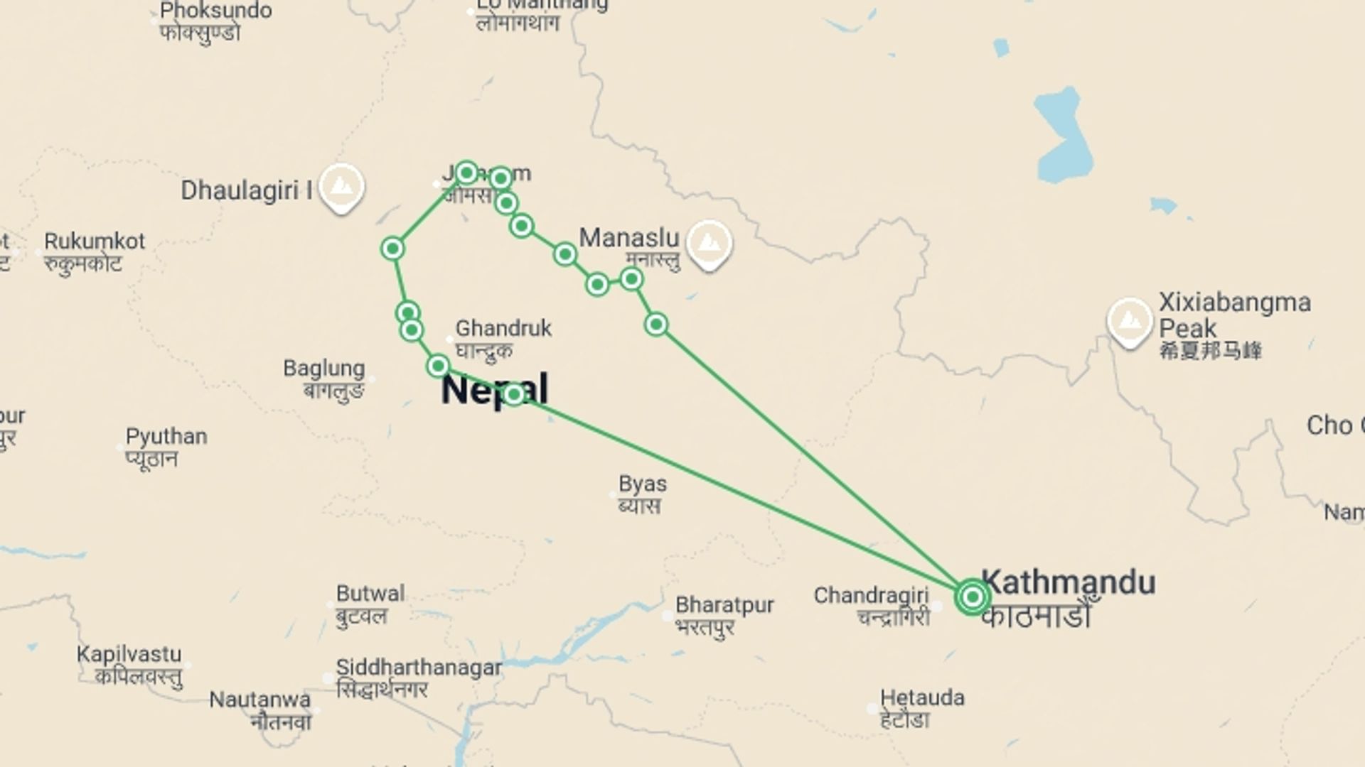 A map showing the tour itinerary for the trip: Annapurna Circuit Trek, starting in Kathmandu, Nepal and ending in Kathmandu, Nepal going through 14 other destinations.