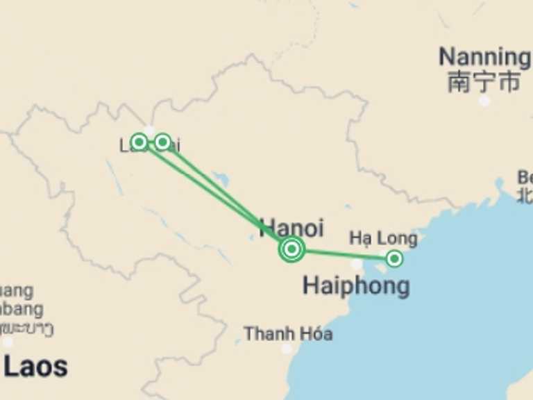 Map itinerary of Hanoi Tour in October 2026 with 4 destination visits for the trip: Discover Hanoi, Sapa and Halong Bay - 7 Days