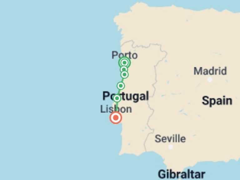 Map itinerary of Lisbon Tour in February 2027 with 6 destination visits for the trip: Porto to Lisbon self guided bike tour