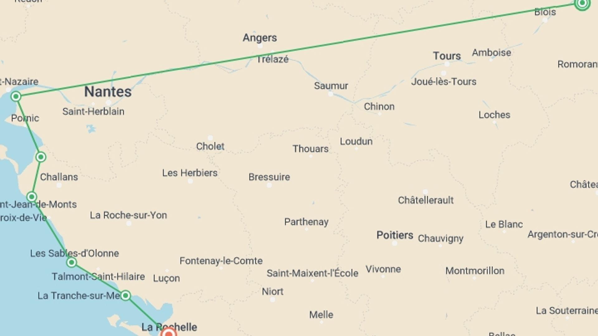 A map showing the tour itinerary for the trip: Atlantic Coast Cycle -  Nantes to La Rochelle, starting in Val de Loire, France and ending in La Rochelle, France going through 6 other destinations.