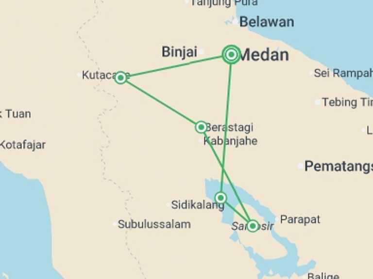 Map itinerary of South East Asia Tour in May 2027 with 5 destination visits for the trip: Highlights of Sumatra