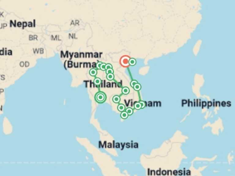 Map of Hanoi Local boat rides Tour with 19 destination visits for the trip: Bangkok to Hanoi (via Laos & Cambodia) Travel Pass