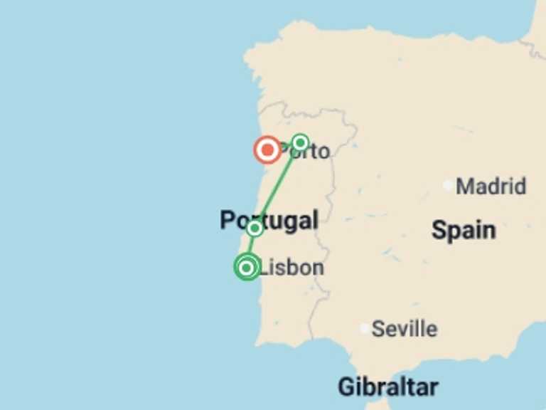Map itinerary of Europe Tour in July 2026 with 5 destination visits for the trip: Highlights of Portugal