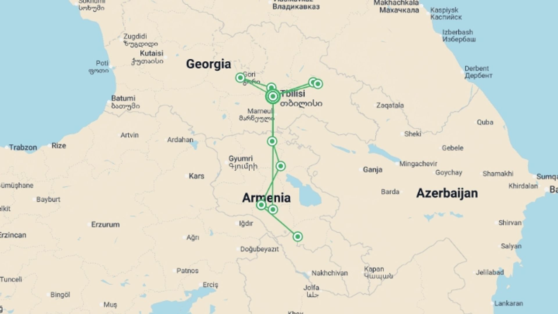 A map showing the tour itinerary for the trip: Highlights of Georgia & Armenia - 9 days, starting in Tbilisi, Georgia and ending in Tbilisi, Georgia going through 1 other destinations.