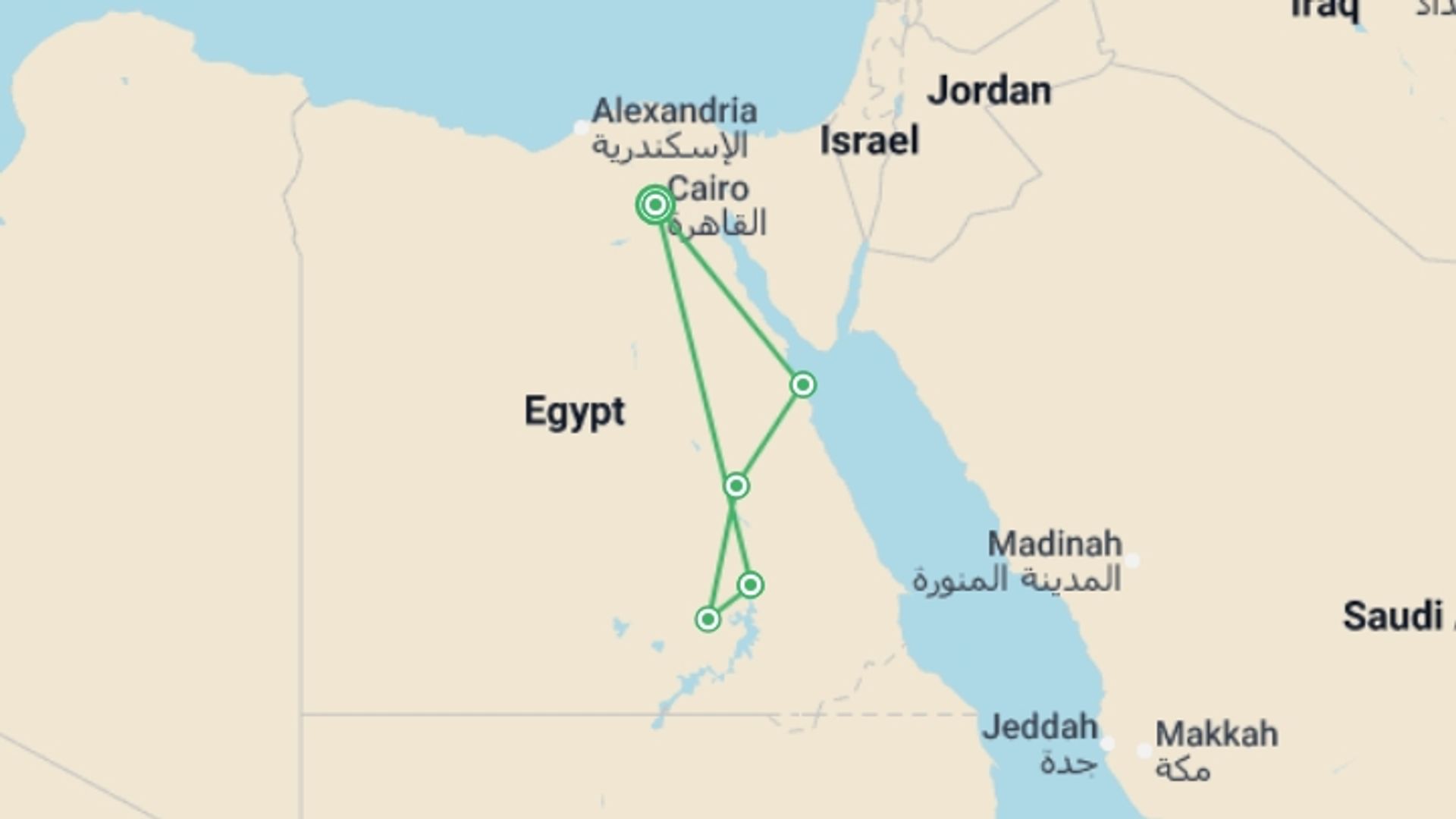 A map showing the tour itinerary for the trip: Egypt: Pharaohs & Pyramids, starting in Cairo, Egypt and ending in Cairo, Egypt going through 4 other destinations.