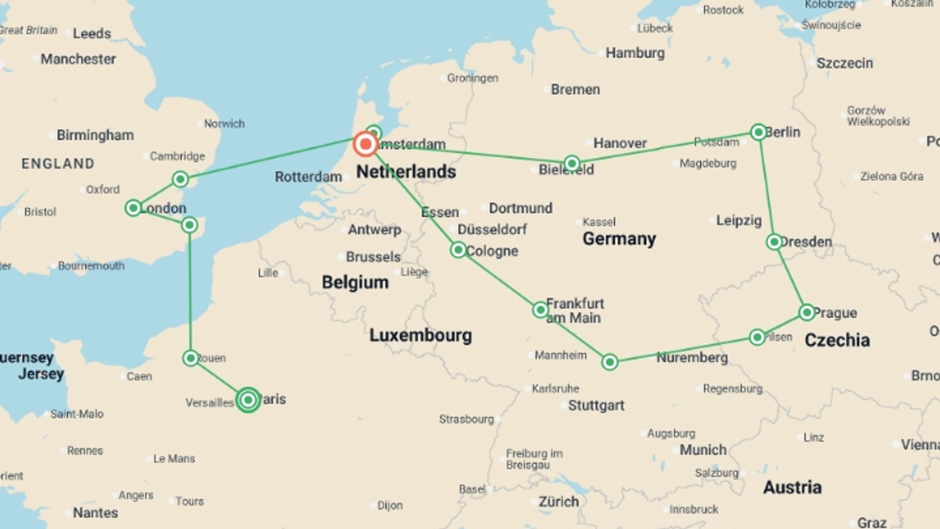 A map showing the tour itinerary for the trip: Round Europe, starting in Paris, France and ending in Amsterdam, Holland going through 6 other destinations.