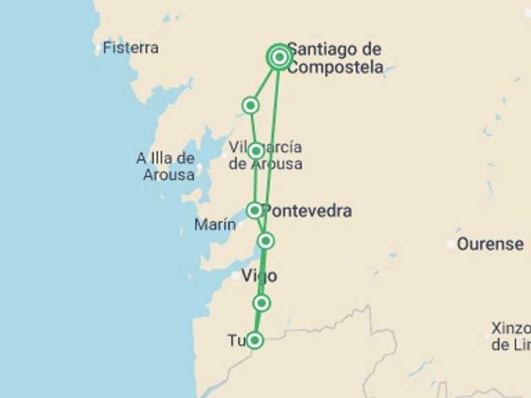 Map itinerary of Santiago De Compostela Tour in May 2026 with 6 destination visits for the trip: Portuguese Camino - Tui to Santiago