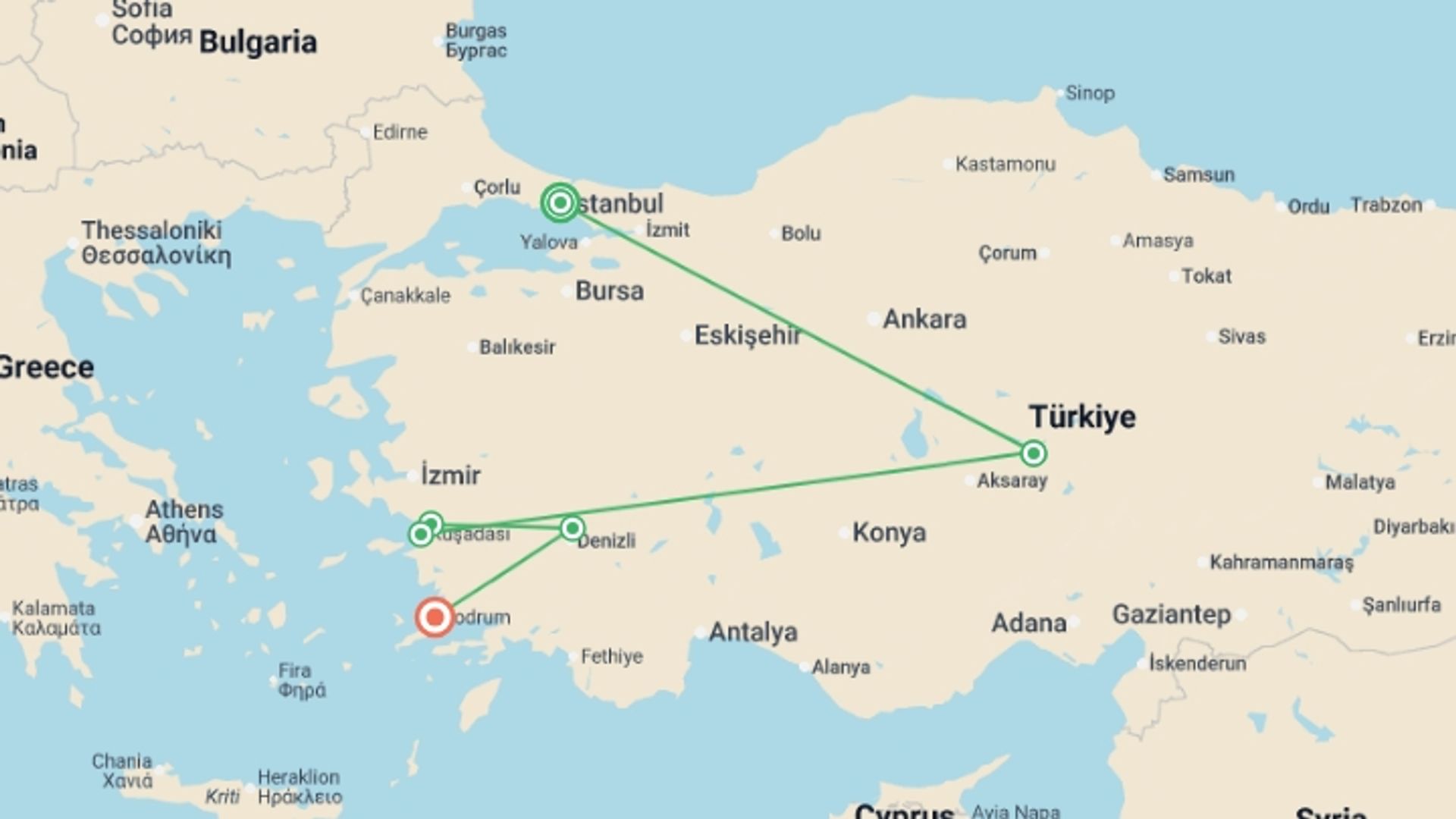 A map showing the tour itinerary for the trip: Sultanas of Turkey - Women Only, starting in Istanbul, Turkey and ending in Bodrum, Turkey going through 5 other destinations.