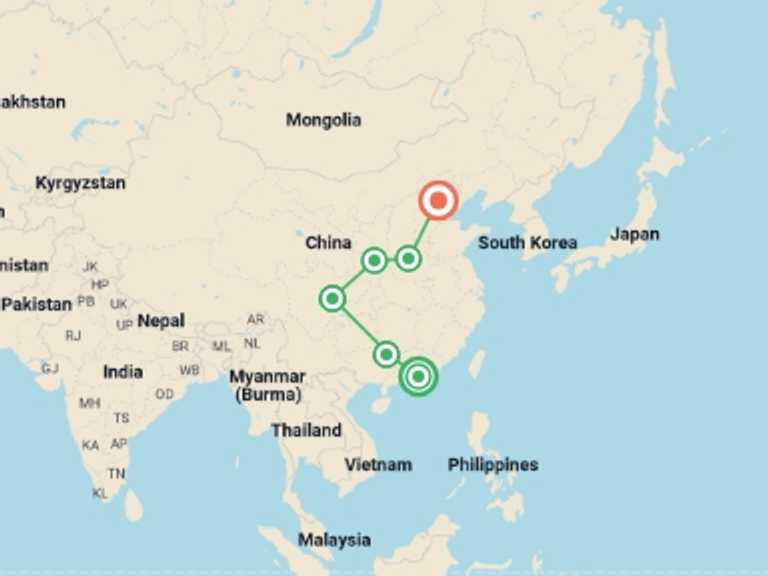 Map itinerary of Hong Kong Tour in October 2026 with 6 destination visits for the trip: Highlights of China