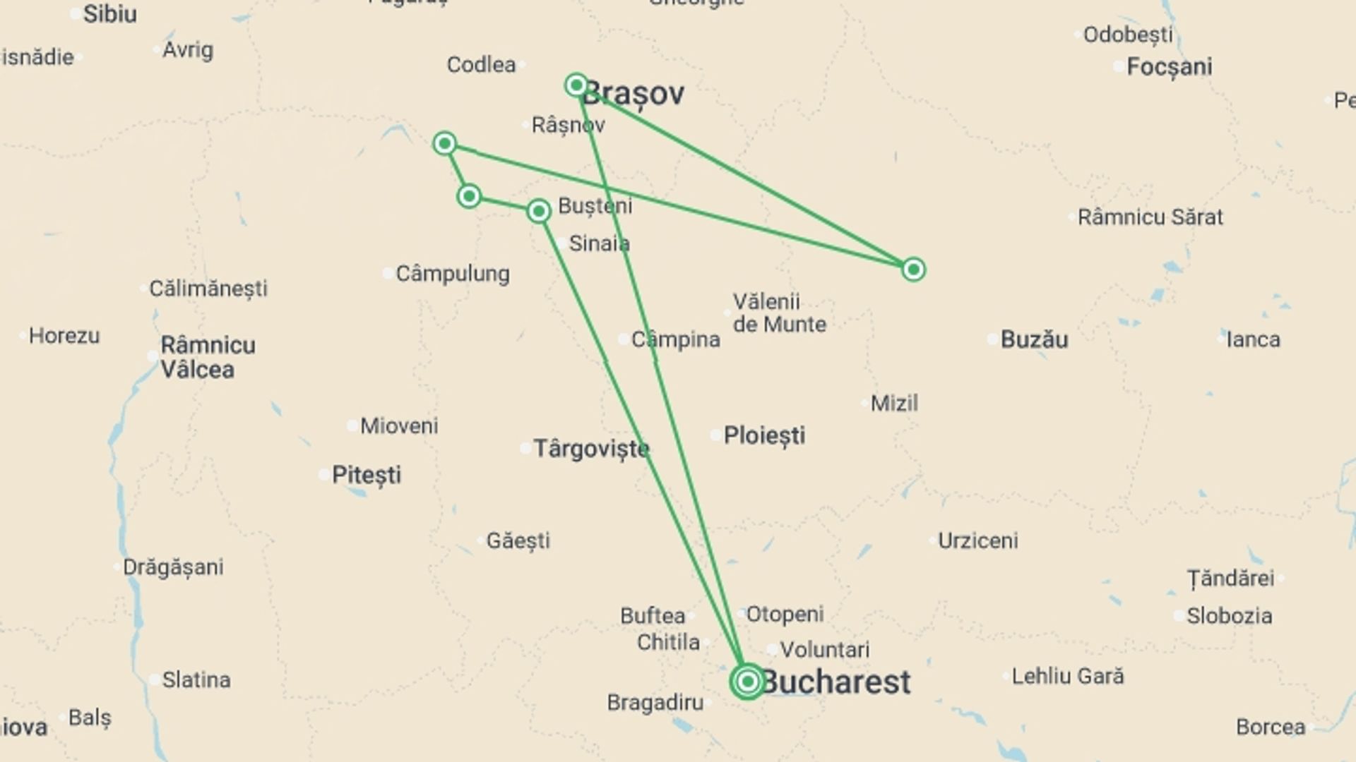 A map showing the tour itinerary for the trip: Discover Transylvanian Carpathian Villages in Romania, starting in Bucharest, Romania and ending in Bucharest, Romania going through 5 other destinations.