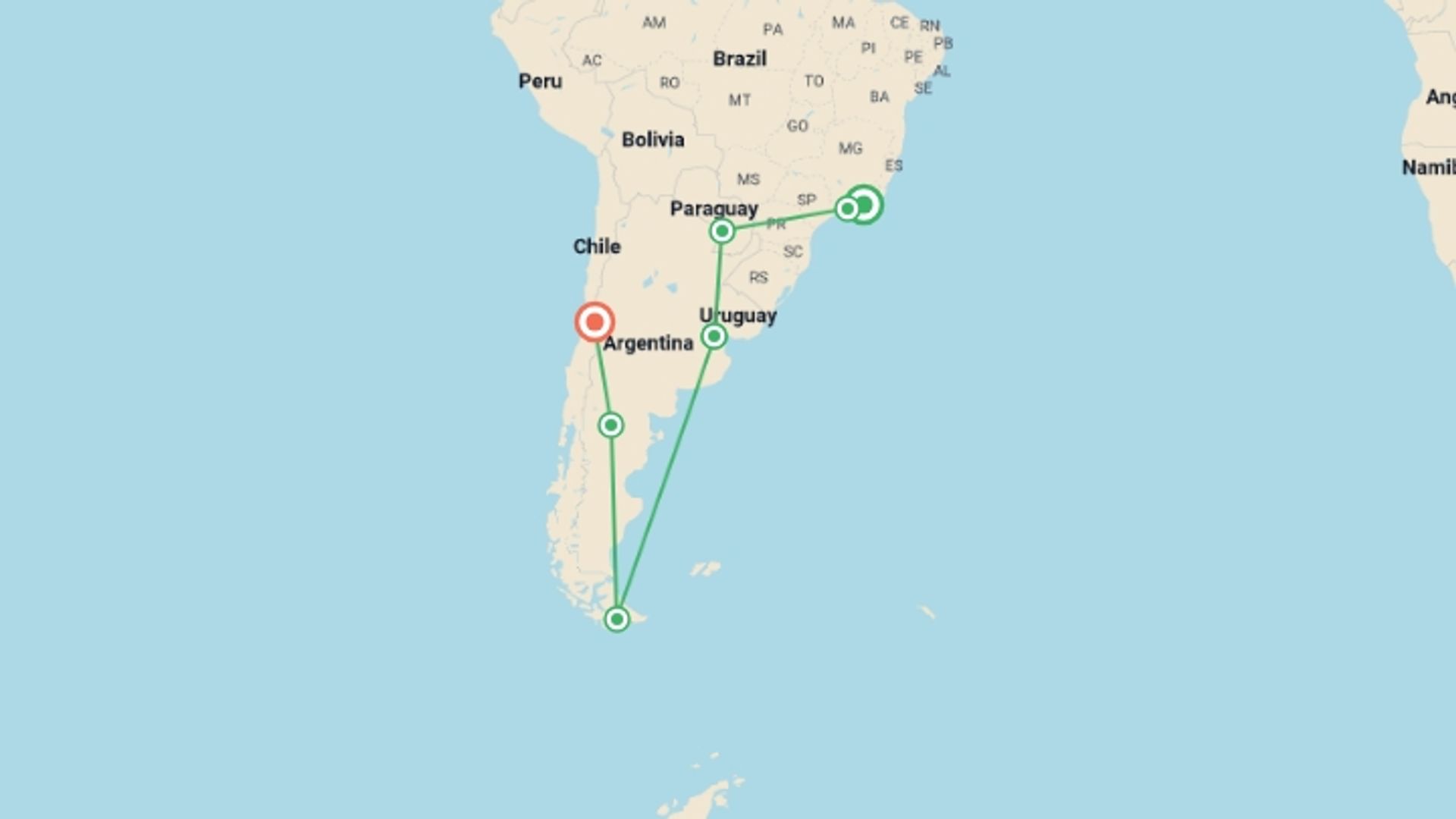 A map showing the tour itinerary for the trip: RIO to SANTIAGO (59 days) Coast to Coast via Patag, starting in Rio de Janeiro, Brazil and ending in Santiago, Cape verde going through 5 other destinations.
