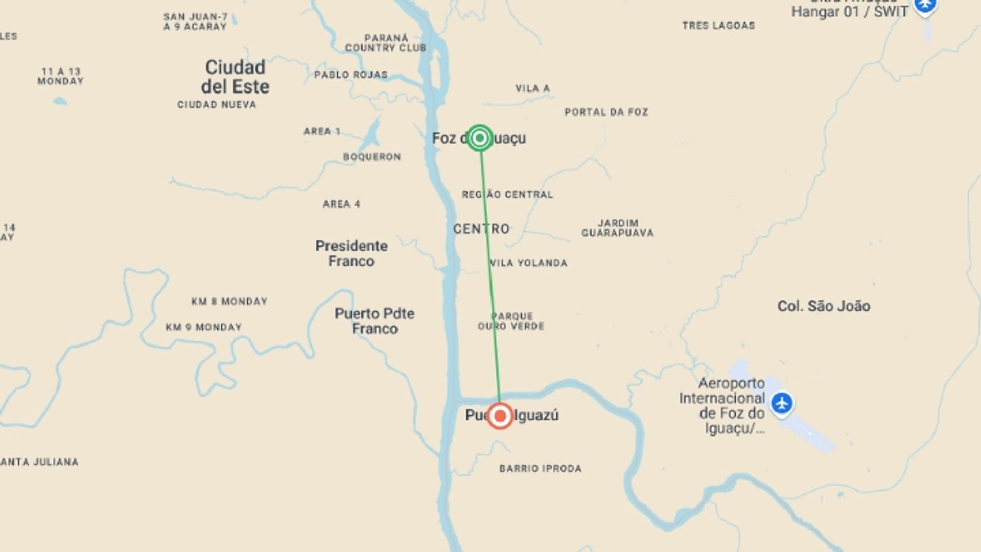 A map showing the tour itinerary for the trip: Iguazu Falls Adventure 4D/3N (Foz to Puerto), starting in Foz Do Iguacu, Brazil and ending in Puerto Iguazu, Argentina going through 0 other destinations.