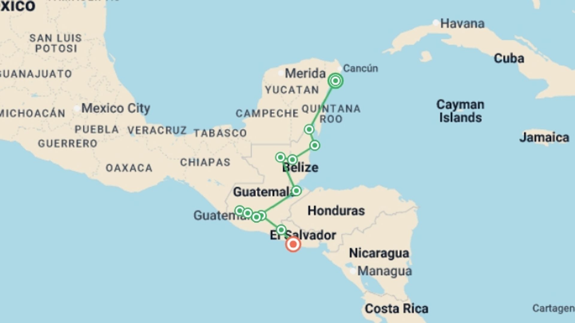 A map showing the tour itinerary for the trip: Route of the Maya, starting in Playa Del Carmen, Mexico and ending in Costa Del Sol, El Salvador going through 10 other destinations.