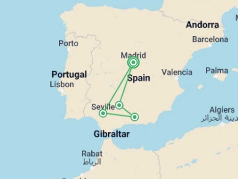 Map itinerary of Spain Tour in February 2026 with 5 destination visits for the trip: Madrid and the enchanting Andalusia
