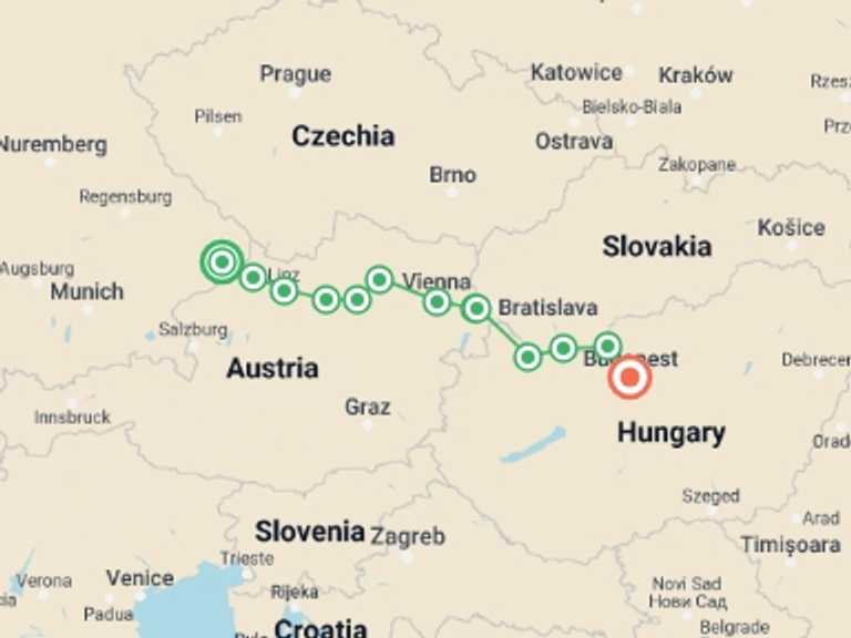 Map itinerary of Vienna Tour in June 2026 with 13 destination visits for the trip: Danube Cycle