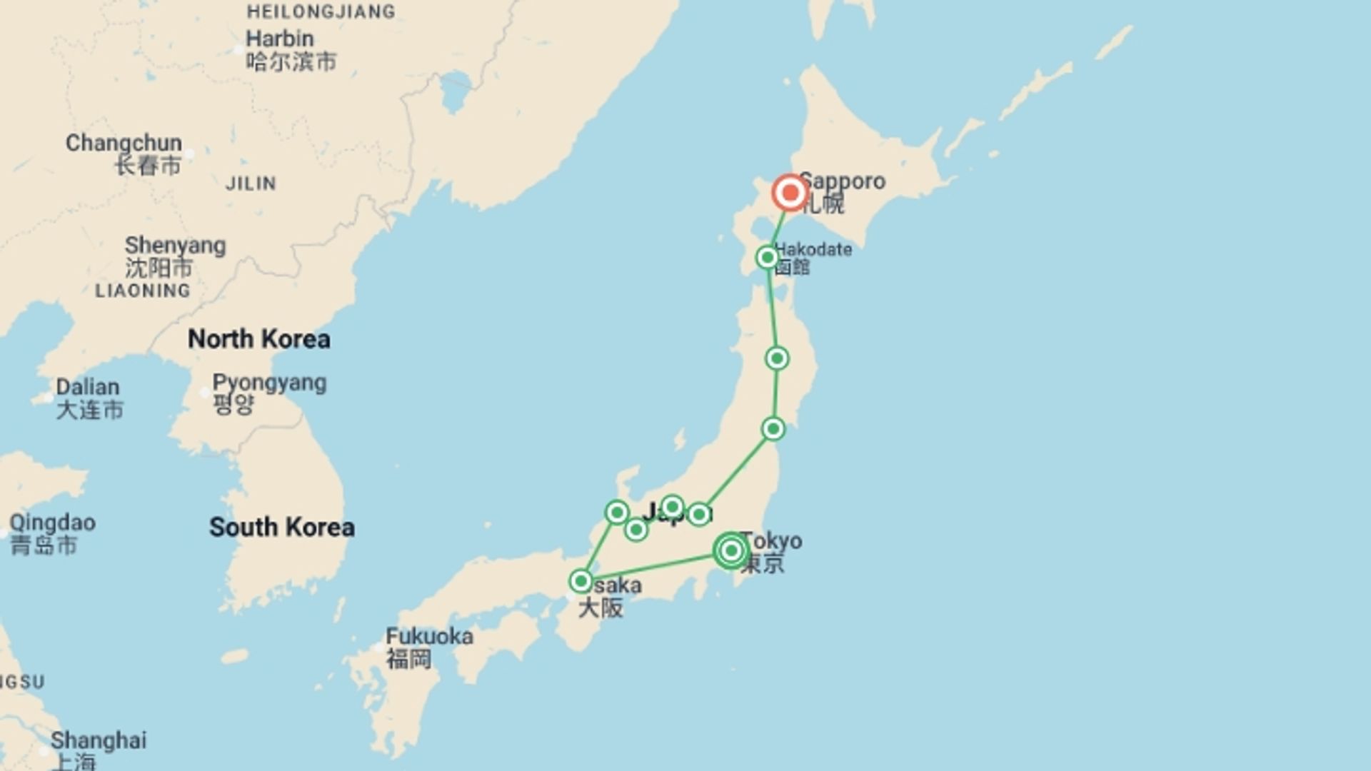 A map showing the tour itinerary for the trip: Sakura Dreams, Ending in Sapporo, starting in Tokyo, Japan and ending in Sapporo, Japan going through 8 other destinations.