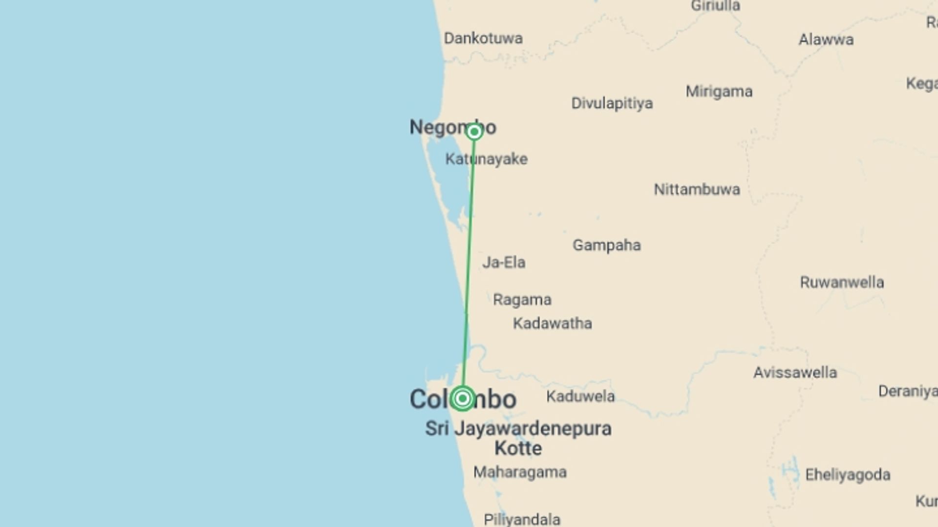 A map showing the tour itinerary for the trip: City Break, Escape To Negombo, starting in Colombo, Sri Lanka and ending in Colombo, Sri Lanka going through 1 other destinations.