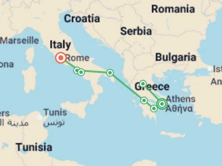 Map itinerary of Europe Tour in Winter with 8 destination visits for the trip: Athens to Rome Odyssey of Heritage - 11 days
