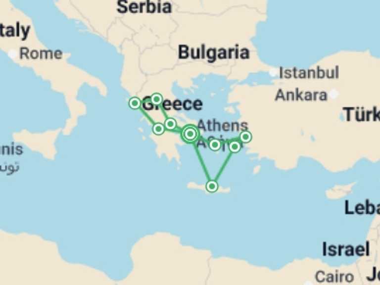Map of Mediterranean Tour with 7 destination visits for the trip: The Beautiful Aegean, Peloponnese and Northern Greece Ext