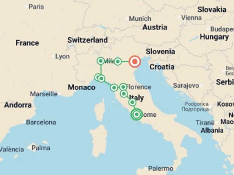 Map of Europe Tour with 7 destination visits for the trip: Solo Lite Iconic Italy