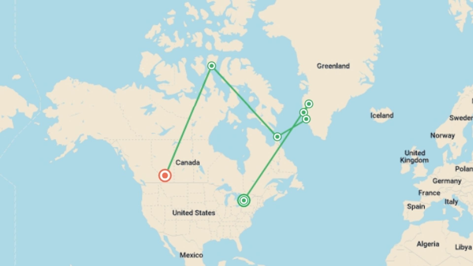 A map showing the tour itinerary for the trip: Northwest Passage: The Legendary Arctic Sea Route, starting in Toronto, Canada and ending in Calgary, Canada going through 4 other destinations.