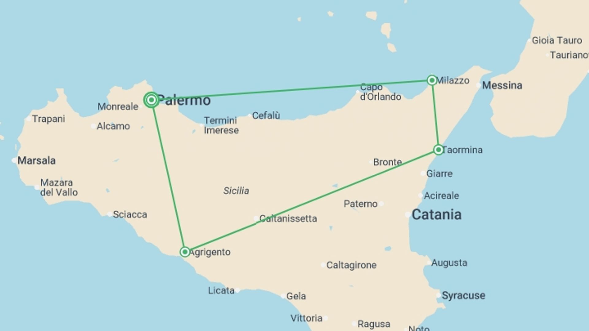A map showing the tour itinerary for the trip: Sicily and Eolic Islands, starting in Palermo, Italy and ending in Palermo, Italy going through 3 other destinations.