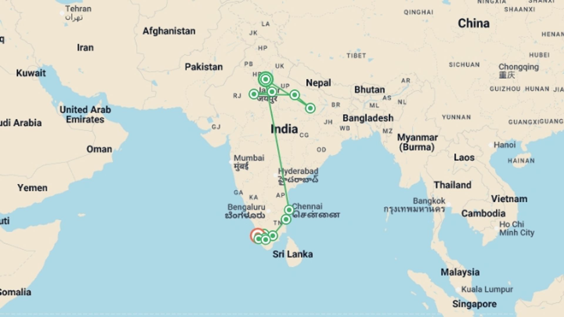 A map showing the tour itinerary for the trip: Premium North & South India, starting in New Delhi, India and ending in Kochi, India going through 11 other destinations.