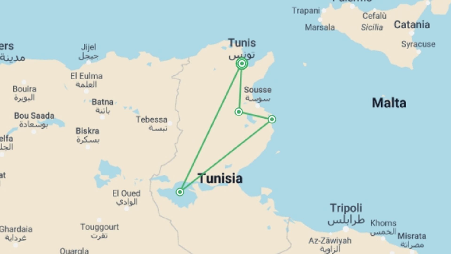 A map showing the tour itinerary for the trip: Tunisian Coast and Ancient Carthage in Summer, starting in Tunis, Tunisia and ending in Tunis, Tunisia going through 3 other destinations.