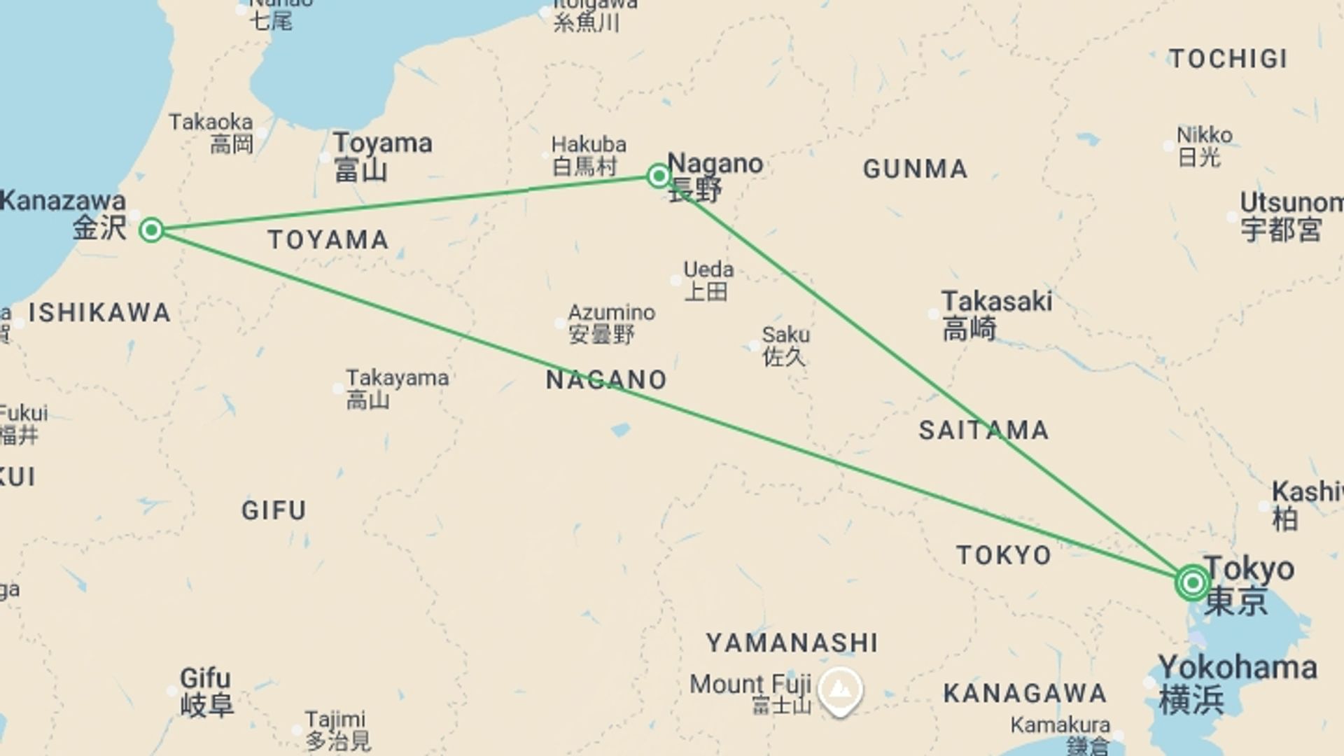 A map showing the tour itinerary for the trip: Japan Alpine & Cultural Discovery Tour, starting in Tokyo, Japan and ending in Tokyo, Japan going through 2 other destinations.