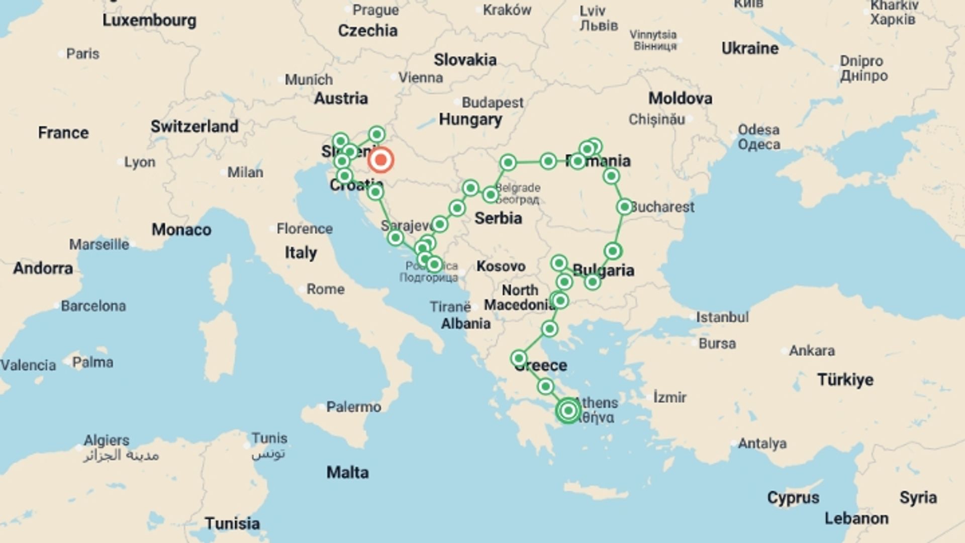 A map showing the tour itinerary for the trip: From Athens to Zagreb, starting in Athens, Greece and ending in Zagreb, Croatia going through 14 other destinations.