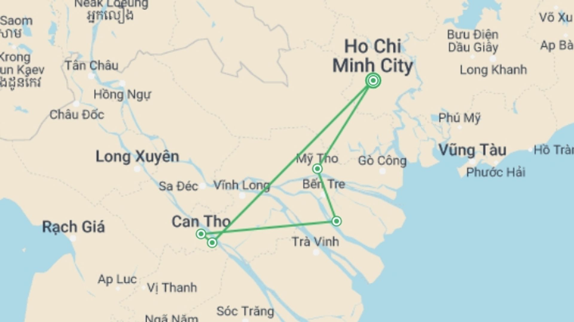 A map showing the tour itinerary for the trip: My Tho Boat Trip and Cai Rang Floating Market- 2 Days, starting in Ho Chi Minh City, Vietnam and ending in Ho Chi Minh City, Vietnam going through 2 other destinations.